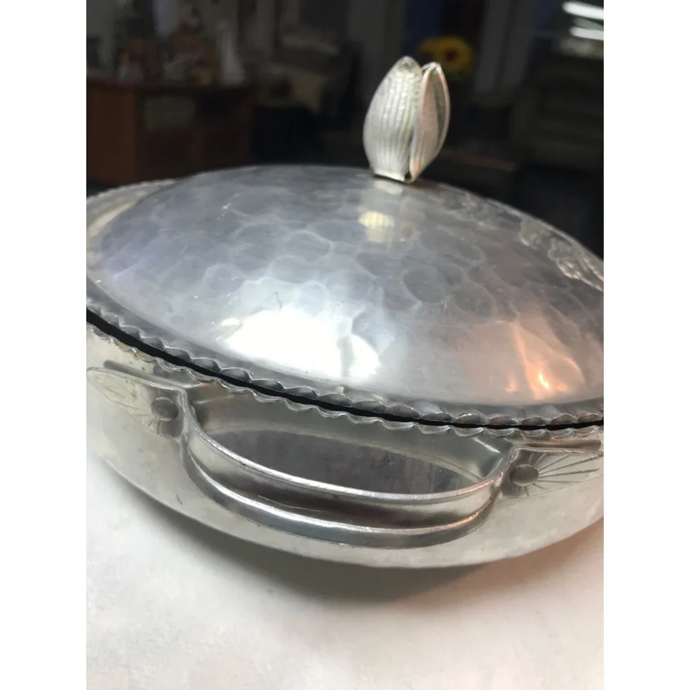 MCM Vintage hammered aluminum casserole with lid, MCM, Rodney Kent, tulip design